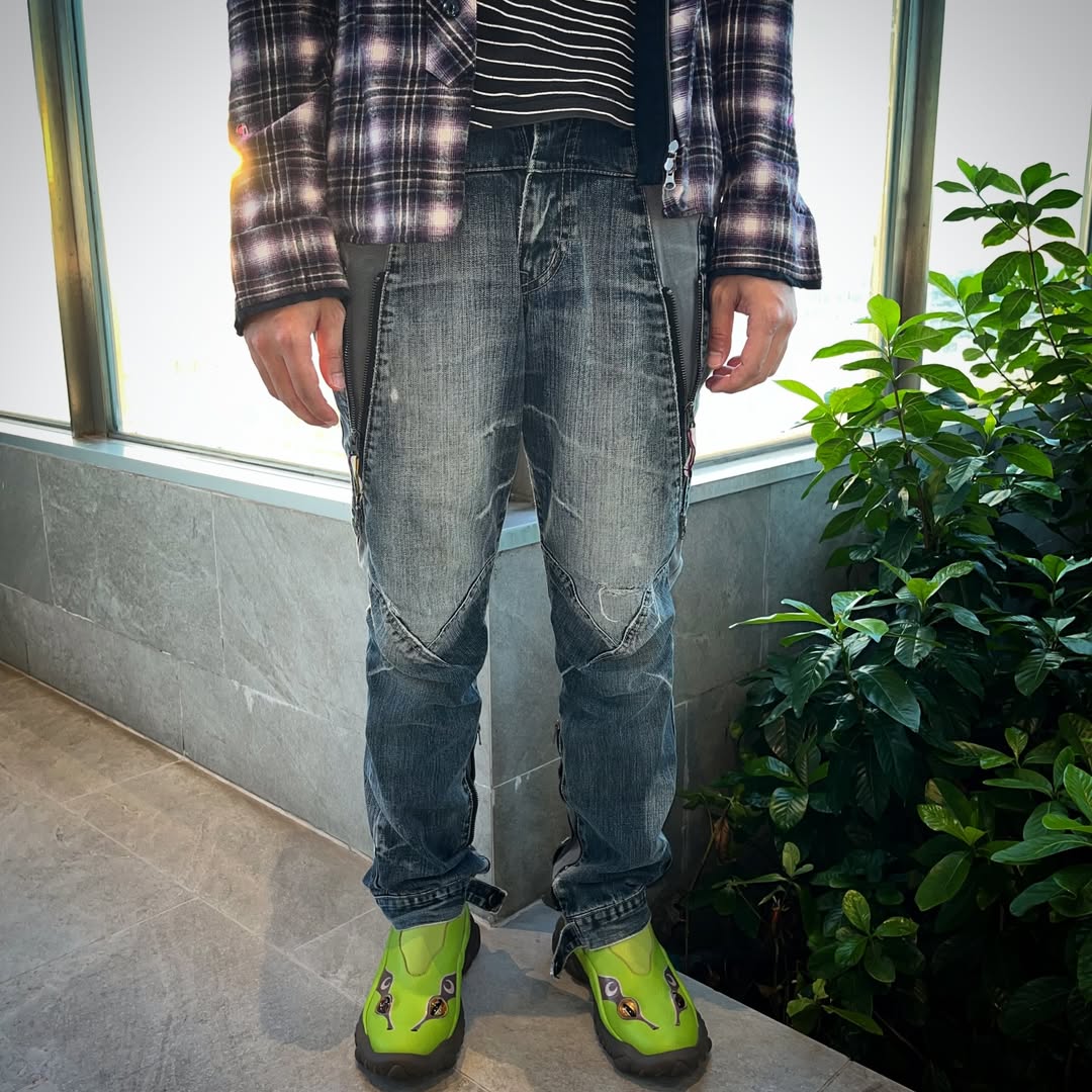 SaveClip.App_730313256_18102618731172872_2197412284126379288_n PPFM early Y2K bandage punk denim jeans Green Medium - Image 1